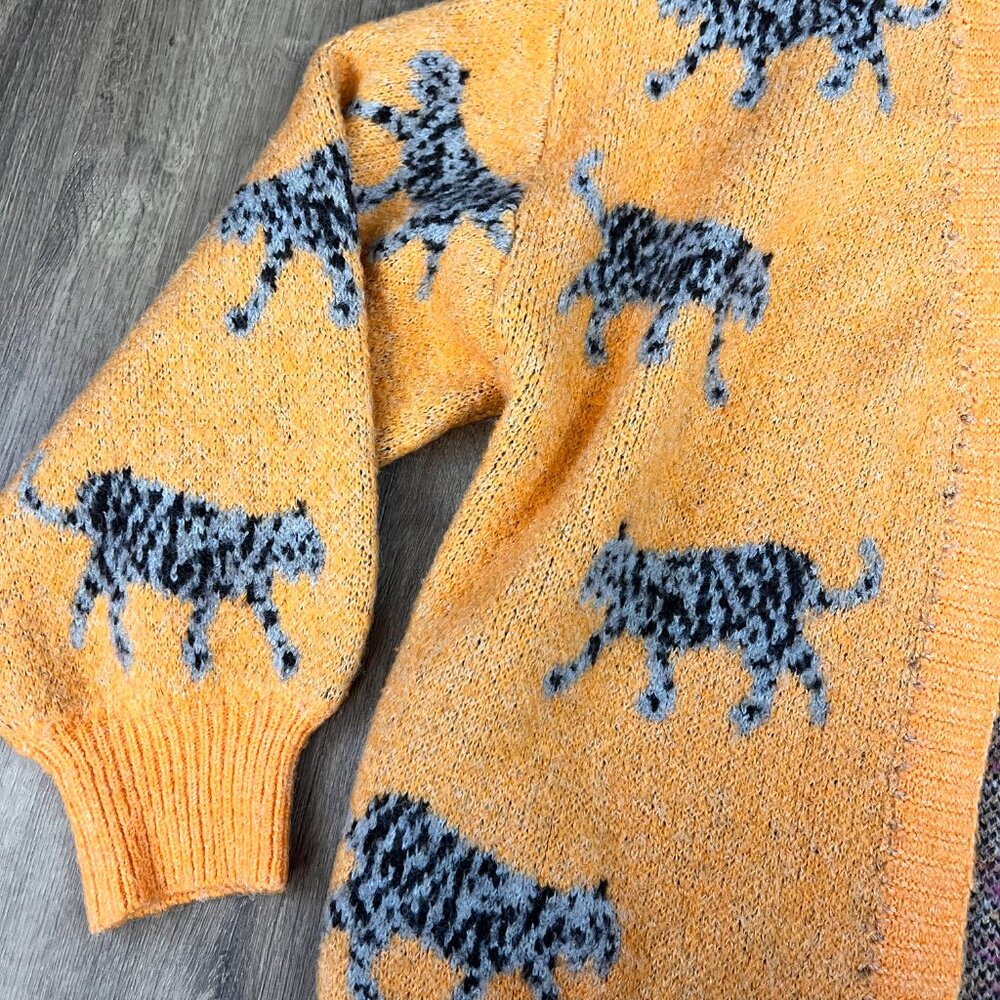 Bibi Cheetah Tiger Animal Cozy Bright Pink Orange Cardigan Sz S - Picture 7 of 11